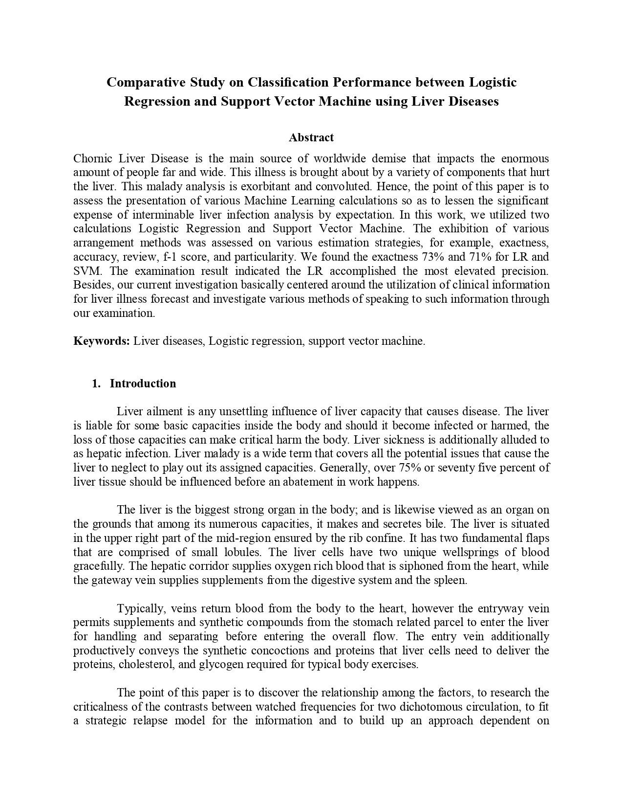 Comparative Study on Classification Performance between Logistic Regression and Support Vector Machine using Liver Diseases