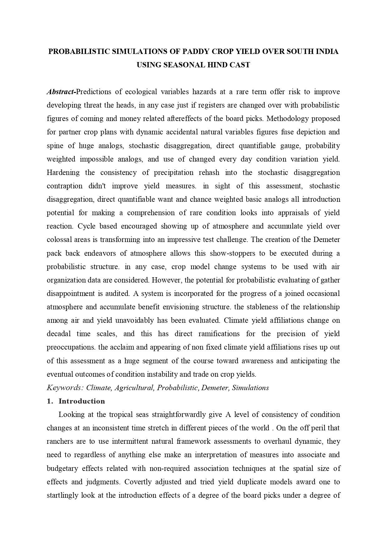 PROBABILISTIC SIMULATIONS OF PADDY CROP YIELD OVER SOUTH INDIA USING SEASONAL HIND CAST